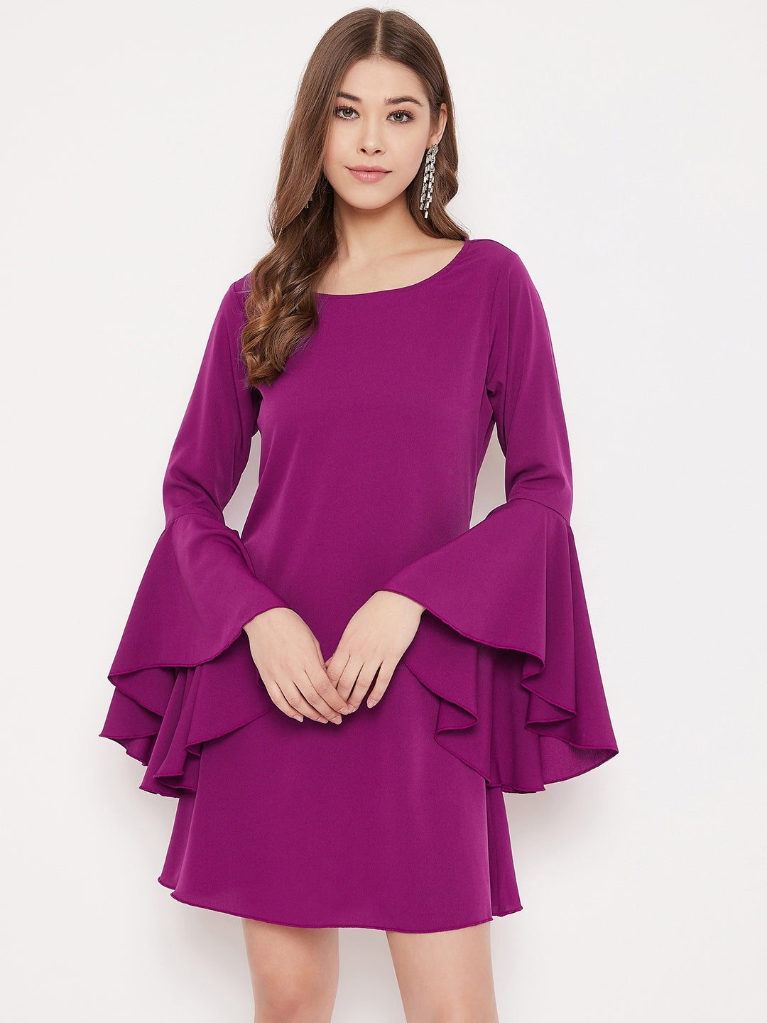 Solid Purple Bell Sleeves A-Line Mini Dress